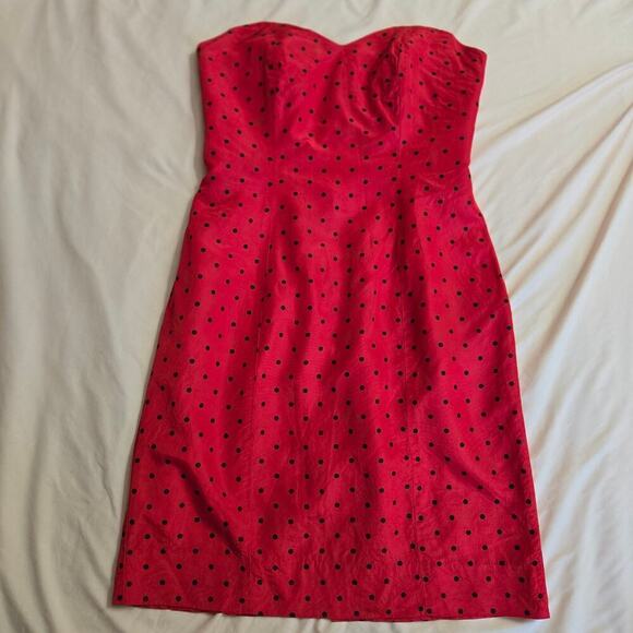 Vintage Strapless Red Polka Dot Midi Dress Sweetheart Neckline Valentines Day - Picture 4 of 10
